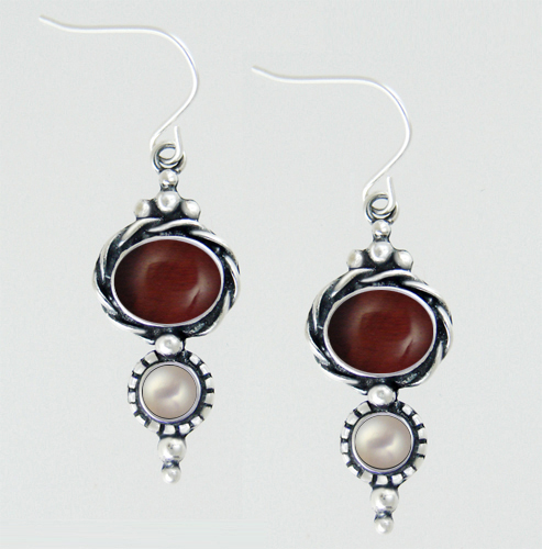 Sterling Silver Drop Dangle Earrings With Red Tiger Eye And Cultured Freshwater Pearl